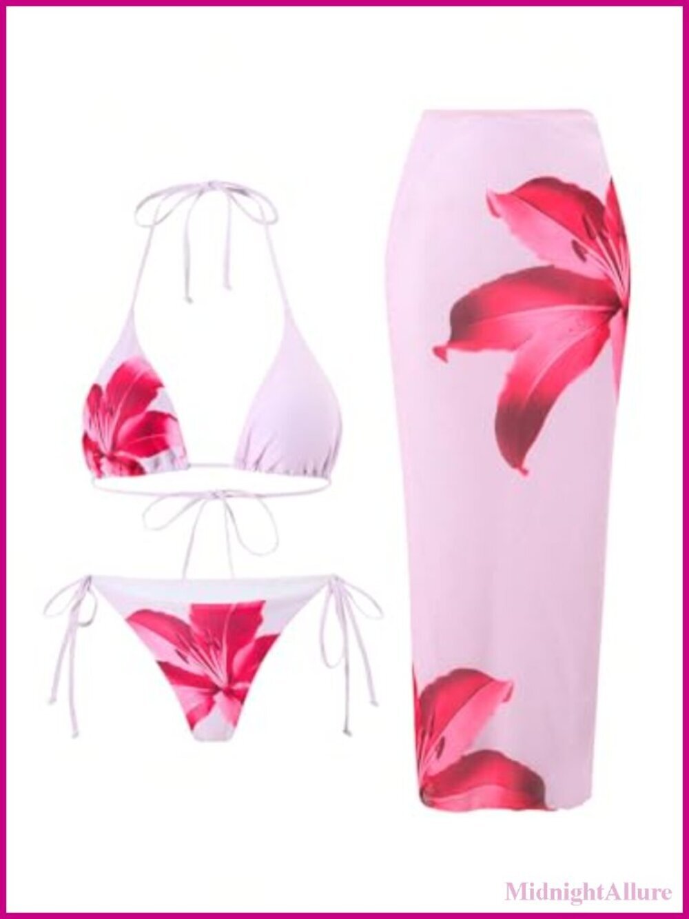 3pc Floral Halter Triangle Bikini Set with Sheer Cover Up Skirt